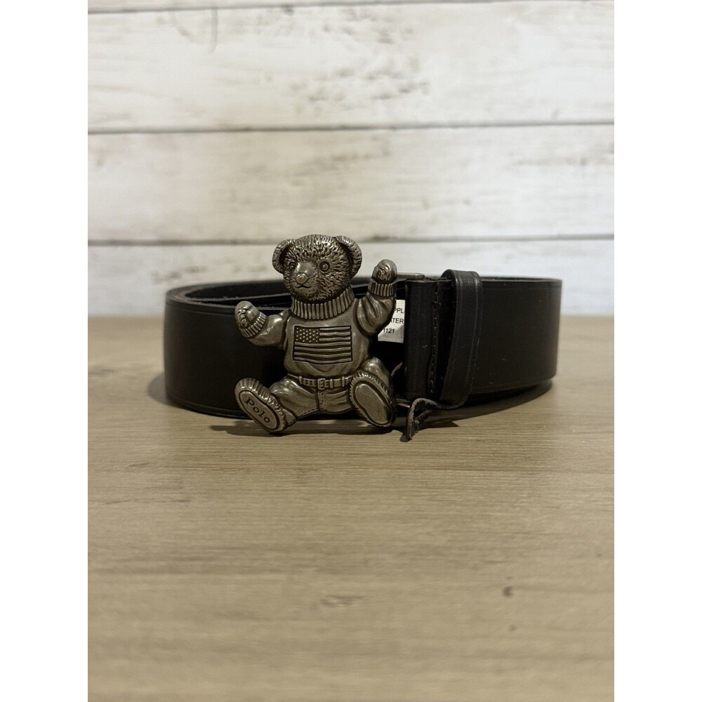 Silver Tone Ralph Lauren Polo Bear Black Leather Belt Sz 32 American Flag